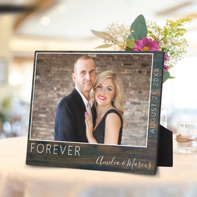 Plaque Photo Forever Elegant Rustic Wood Script Mariage Photo (Créateur téléchargé)