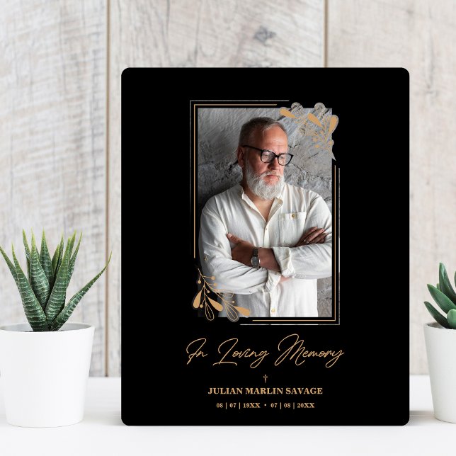 Plaque Photo Funérailles Noir Faux Branches Dorées Photo Souven (Créateur téléchargé)