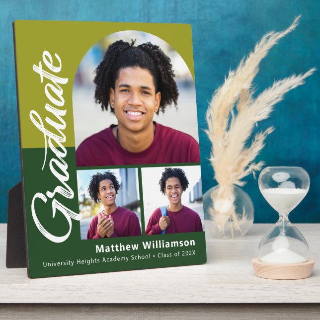 Plaque Photo Green Graduation 3 Photo Bold Arch Script Moderne (Côté)