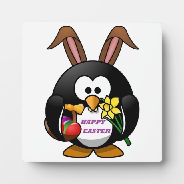 PLAQUE PHOTO "HAPPY EASTER" PENGUIN BUNNY (Devant)