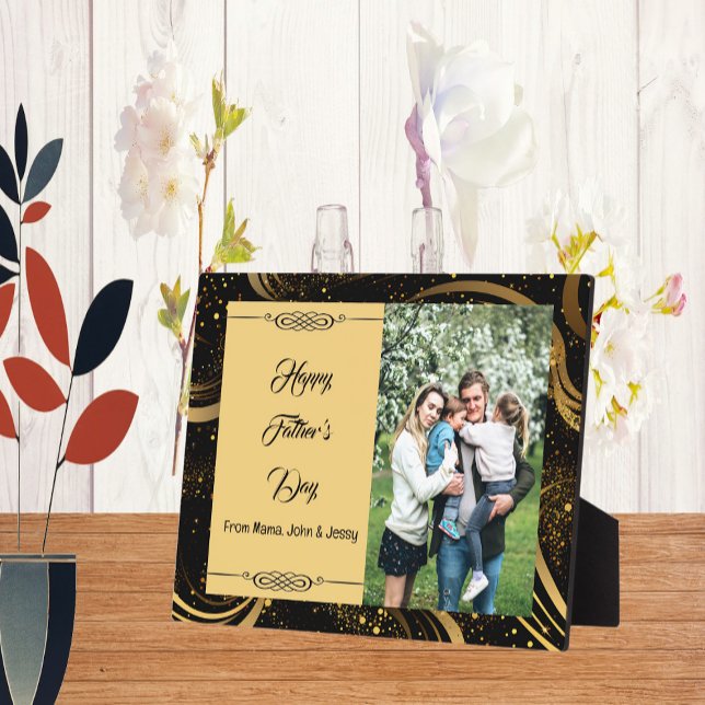 Plaque Photo Happy Fête des pères Famille Photo Gold Leafy Swir (Happy Father's Day Family Photo Gold Leafy Swirls Plaque)