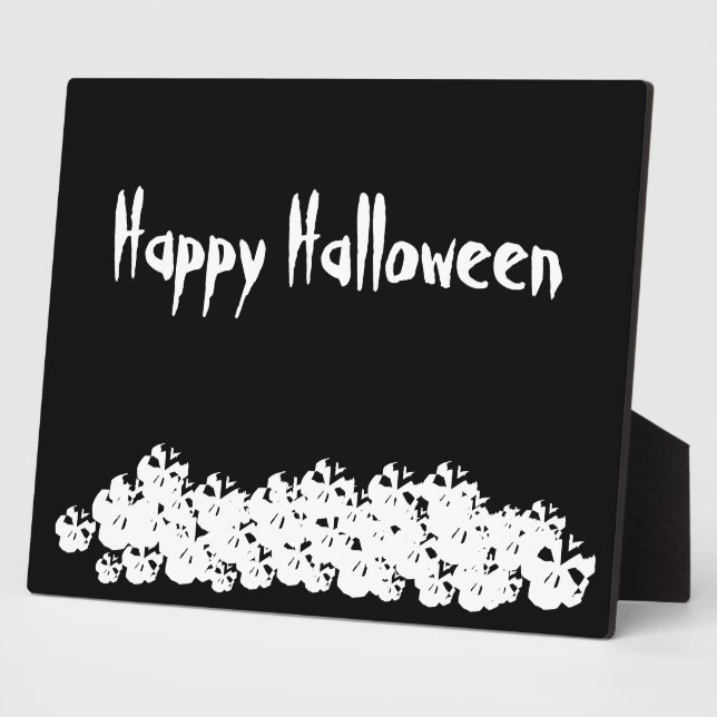 Plaque Photo Happy Halloween noir blanc crânes squelette pile (Côté)