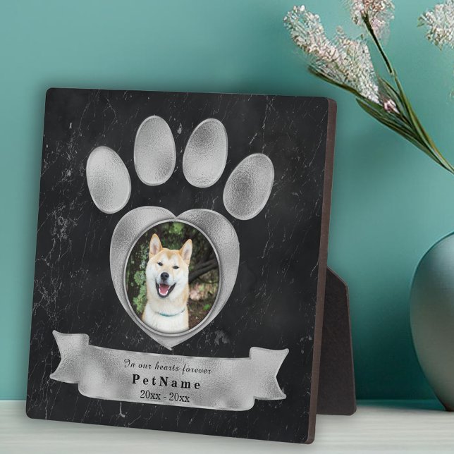 Plaque Photo Hommage Pet Memorial Faux Marbre Noir Paw Argent (Pet Memorial Tribute Faux Black Marble Silver Paw Plaque)