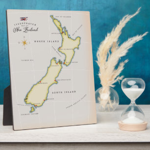 Plaque Photo Illustrated map of New Zealand
