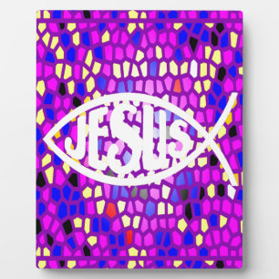 PLAQUE PHOTO JÉSUS POISSON ICHTHYS VERRE STAINÉ VITRE PURPLE