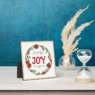 Plaque Photo Joy Red Green Gold Poinsettia Wreath Noël