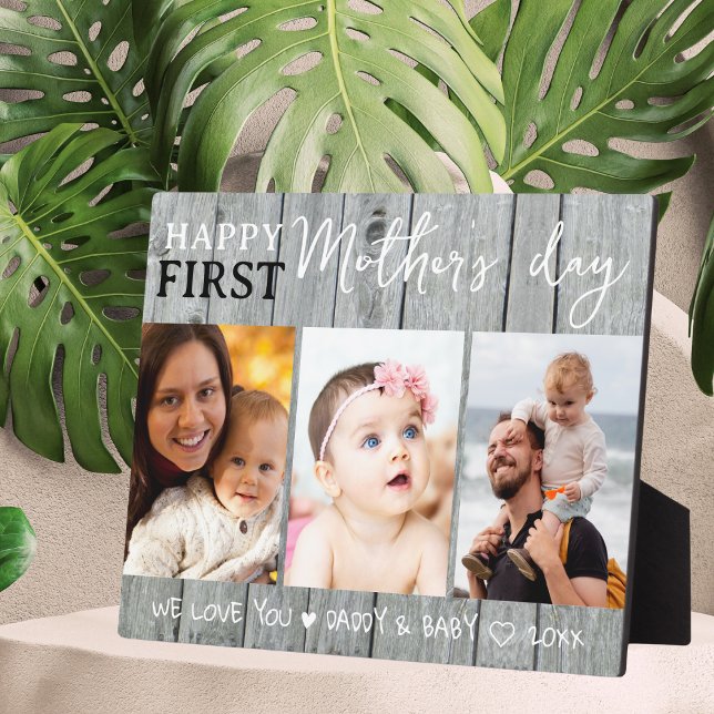 Plaque Photo Joyeux 1ère Fête des Mères 3 Photo Collage Grey Wo (Happy 1st Mother's Day 3 Photo Collage Gray Wood Plaque
)