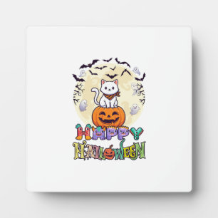 Plaque Photo Joyeux Halloween Chat Blanc Citrouille Lune Chauve