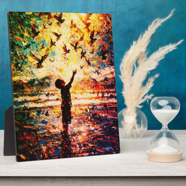 Plaque Photo Joyful Child Playing with Birds Sunrise Water (Côté)