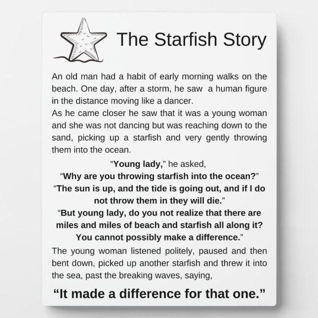 Plaque Photo L'histoire de Starfish. Poème Starfish. (Devant)