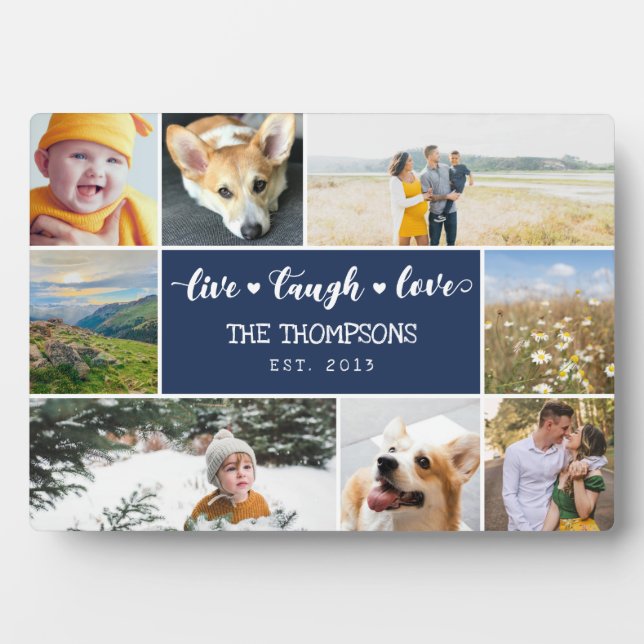 Plaque Photo Live Laugh Love Navy Blue Photo Collage (Devant)