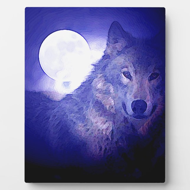 Plaque Photo Loup, Lune et Nuit Bleue (Devant)
