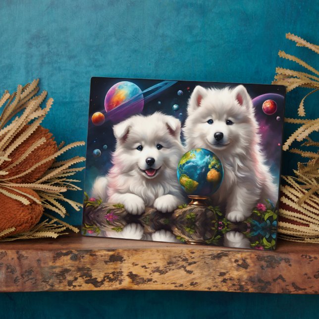 Plaque Photo Magnifique Fluffy Samoypies, Space Earth Globe (Côté)