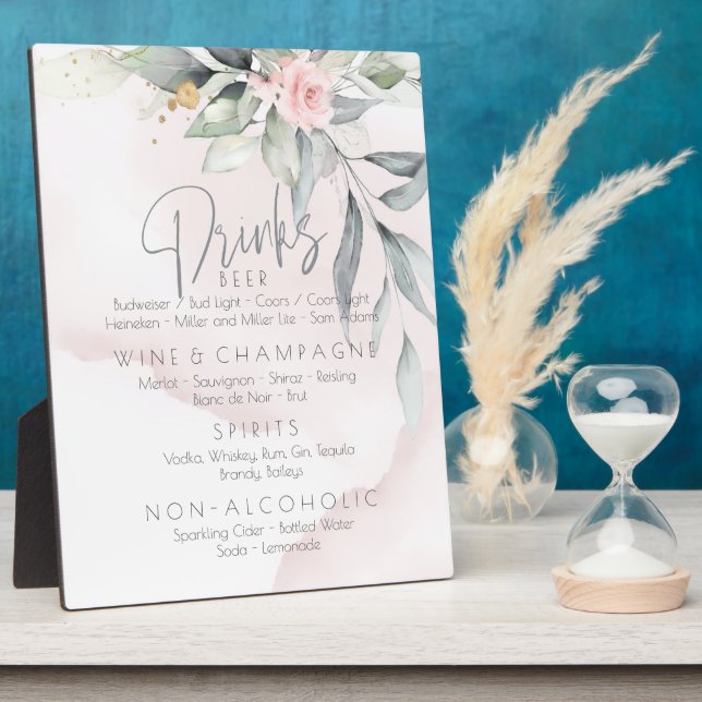 Plaque Photo Mariage | Boissons Menu BOHO Foliage Rose Rose (Côté)