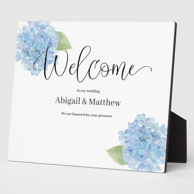 Plaque Photo Mariage d'accueil Aquarelle bleu Hydrangea (Côté)
