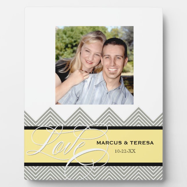 Plaque Photo Mariage Engagé Chic Chevron Moderne Personnalisé (Devant)