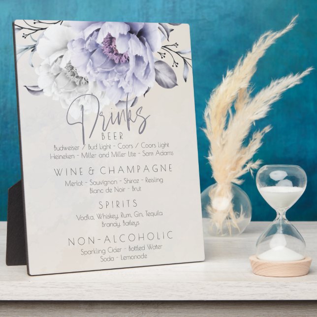 Plaque Photo Mariage | Menu Boissons Rustic Lilac Peonies (Côté)
