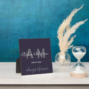 Plaque Photo Mariage moderne gris et bleu Monogramme Keepsaké