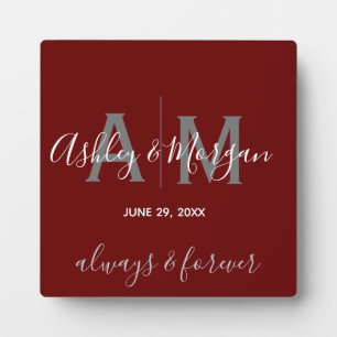 Plaque Photo Mariage moderne gris et rouge Monogramme Keepsaké