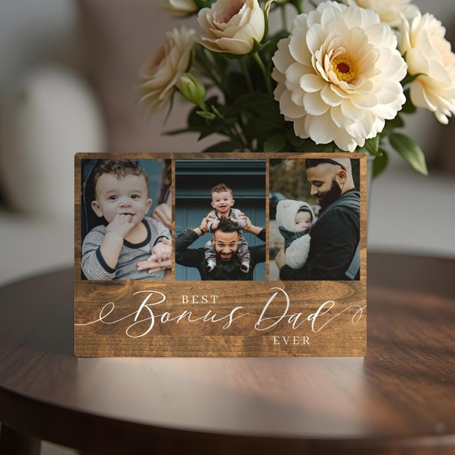 Plaque Photo Meilleur Bonus Papa Jamais Bois Fête des pères Pho (Best Bonus Dad Ever Woodgrain Fathers Day Photo Plaque)
