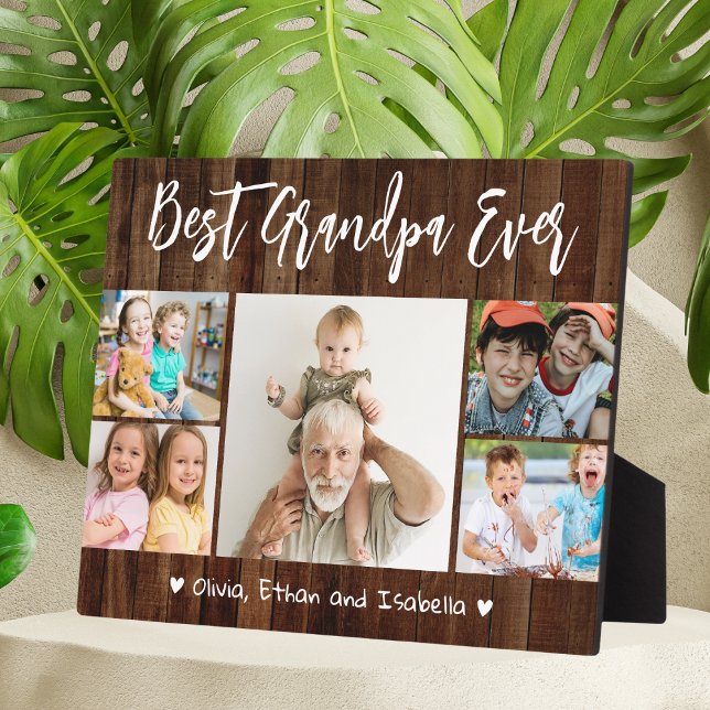 Plaque Photo Meilleur Grand-Père Ever Grand-Enfants 5 Photo Col (Best Grandpa Ever Grandkids 5 Photo Collage Wood Plaque)