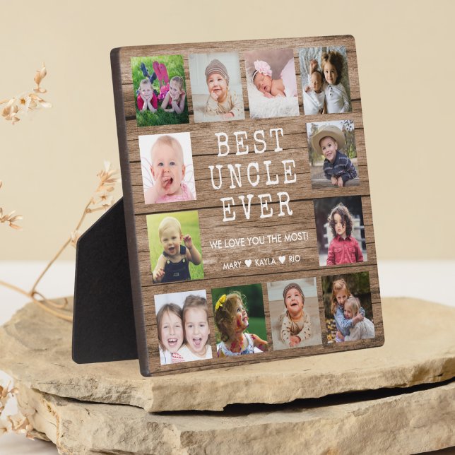 Plaque Photo Meilleur Oncle Ever 12 Photo Collage Bois rustique (Best Uncle Ever 12 Photo Collage Rustic Wood Plaque - Uncle gifts for birthday holiday Christmas)