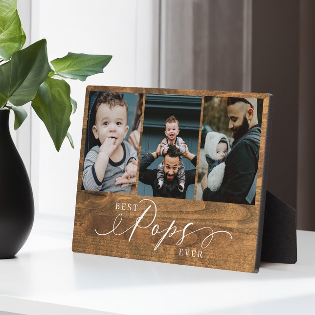 Plaque Photo Meilleurs Pops Jamais Woodgrain Fête des pères Pho (Best Pops Ever Woodgrain Fathers Day Photo Collage Plaque)