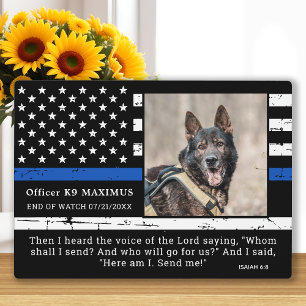 Plaque Photo Mémorial du chien policier Thin Blue Line Officer