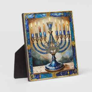 Plaque Photo Menorah de Hanukkah bleue