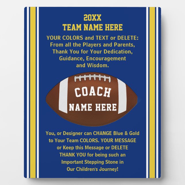 Plaque Photo Merci bleu et or Football Coach idées cadeaux (Devant)