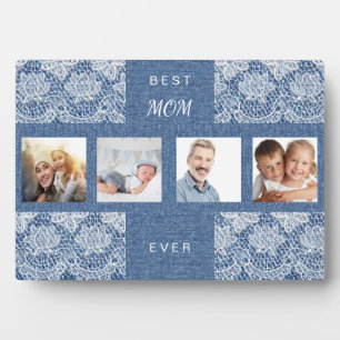 Plaque Photo Mère maman photo collage bleu dentelle denim