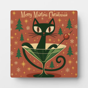 Plaque Photo Mid Century Black Cat Merry Martini Noël