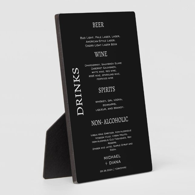 Plaque Photo Mini Script Bold Mariage Bar Boissons Noir (Côté)