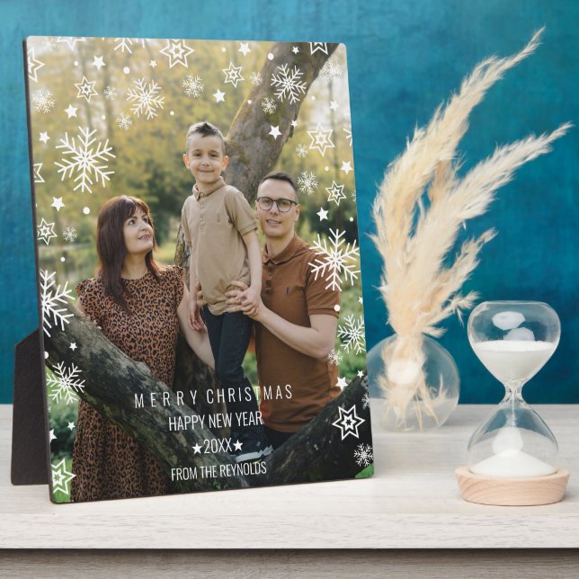 Plaque Photo Modern Snowy Snowflake Frame Photo Overlay Holiday (Côté)