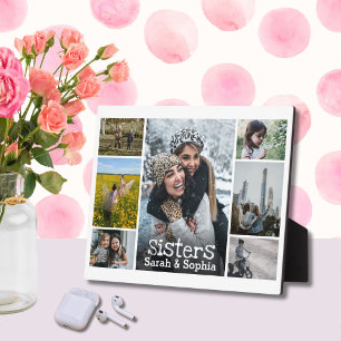 Plaque Photo Modern White Text Overlay Sisters Photo Collage
