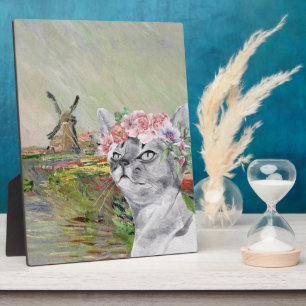 Plaque Photo Monet Champ Tulipes et Chat fantaisie