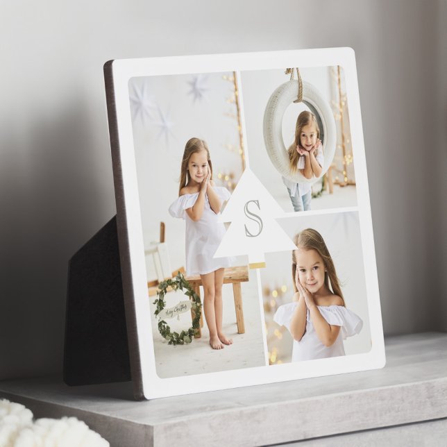 Plaque Photo Monogramme de pin moderne Trois photos (Modern Pine Tree Monogram Three Photo Collage Plaque)