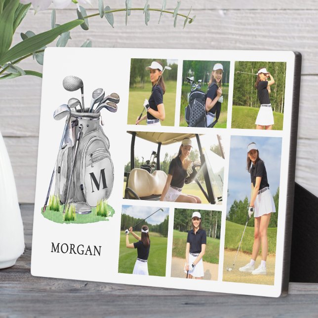 Plaque Photo Monogramme personnalisé Golf Photo Collage (Personalized Monogram Golf Photo Collage plaque)