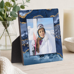Plaque Photo Navy Blue Or Glitter Agate Élégant Nom Photo