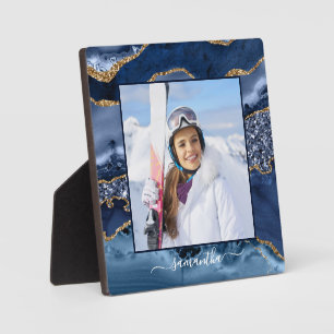 Plaque Photo Navy Blue Or Glitter Agate Élégant Nom Photo