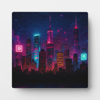 Plaque Photo Neon City Skyline : Rétro-futurisme