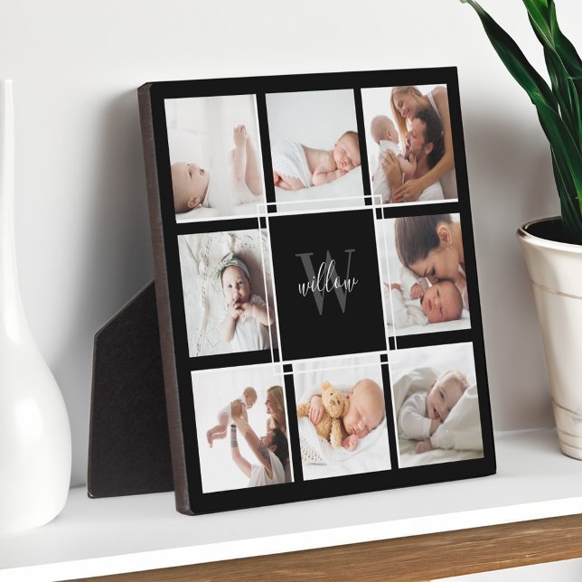 Plaque Photo Nom du bébé personnalisé & Monogramme Photo Collag (Custom Baby Name & Monogram Photo Collage Black Plaque)