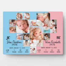 Nouveau-né Twin Baby Stats Photo Collage Monogramm