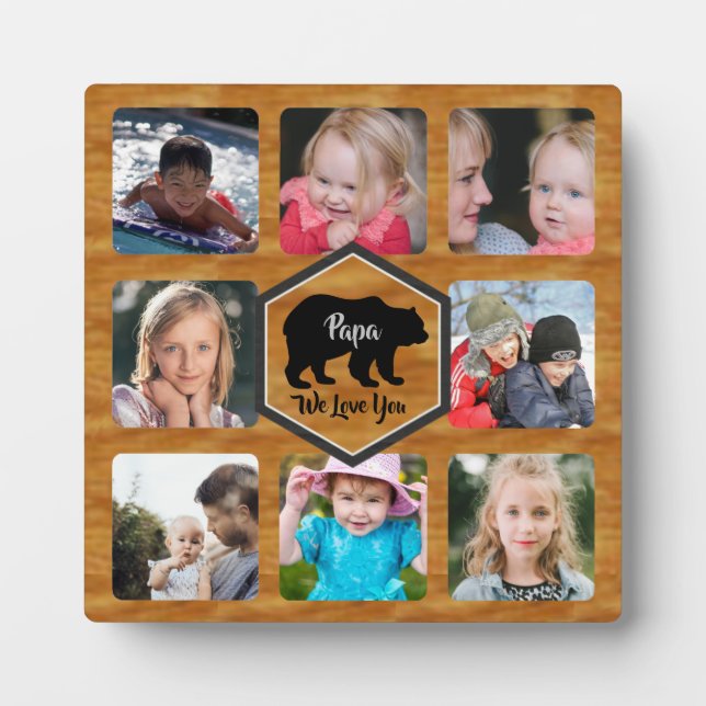 Plaque Photo Papa Bear Photo Collage Faux Wood (Devant)