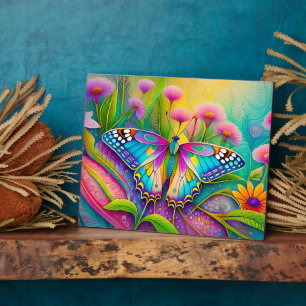Plaque Photo Papillon psychédélique coloré et Fleur sauvage