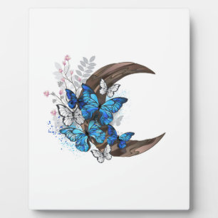 Plaque Photo Papillons bleus sur croissant en bois