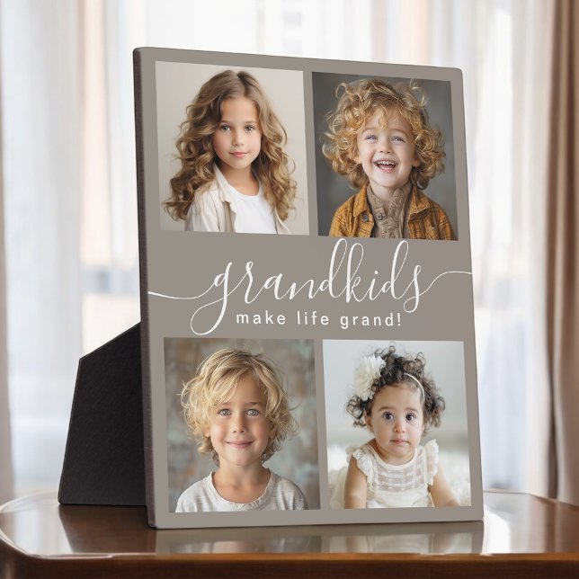 Plaque Photo Petits-enfants font la vie Grand 4 Photo Collage (Personalize with 4 selected photos for a custom gift for grandparents.)