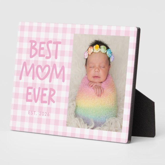 Plaque Photo Pink Gingham Whimsical Heart Best Mom Ever Photo (Côté)