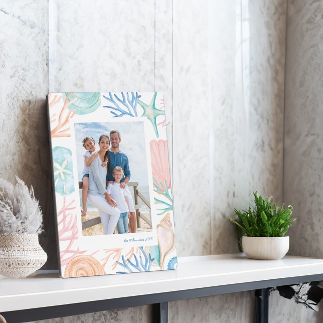 Plaque Photo Plage de Noël de la côte Aquarelle de coquillage P (Coastal Christmas Beach Watercolor Seashell Photo Plaque)