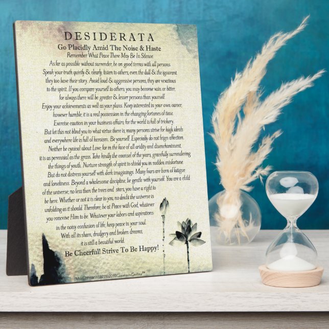 Plaque Photo Poème Desiderata par Max Ehrmann Aquarelle Lotus (Côté)